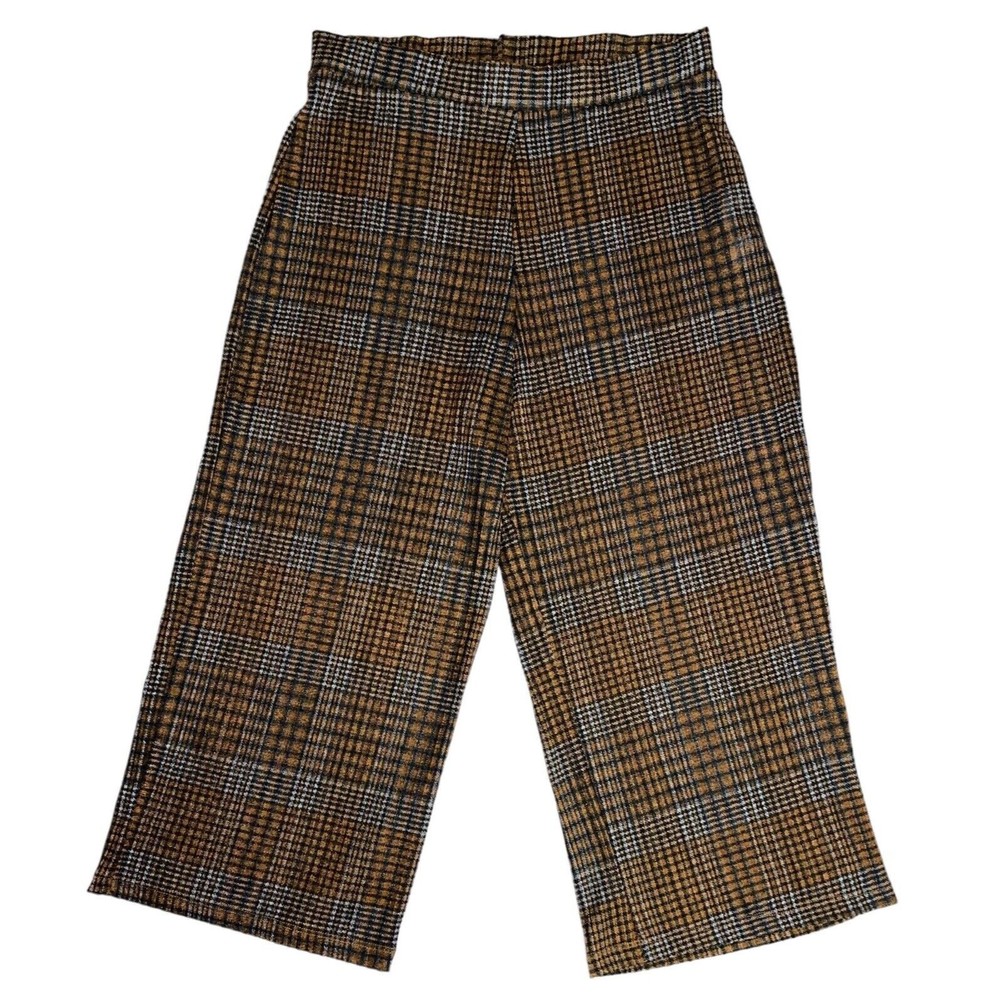 Zara Woman Brown Palazzo Plaid Beach Swim Cover Up Wide leg Cropped Pants Medium
